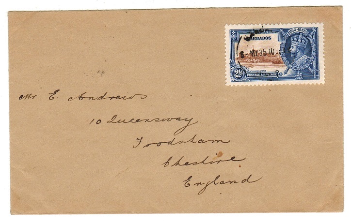 BARBADOS - 1935 2 1/2d rate first day cover use to UK.