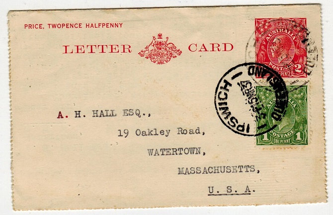 AUSTRALIA - 1930 2d postal stationery lettercard unrated to USA from IPSWICH/QUEENSLAND. H&G 30.