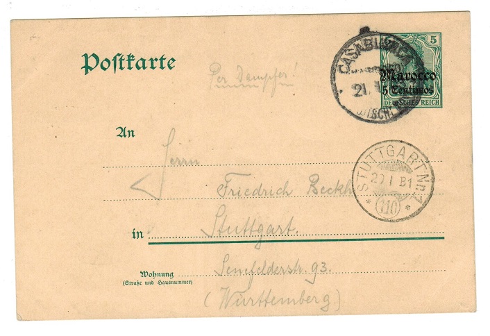 MOROCCO AGENCIES - 1908 use of 5pfg PSC to Germany used at CASABLANCA.