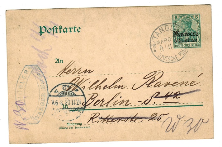 MOROCCO AGENCIES - 1908 use of 5pfg PSC to Germany used at TANGER.
