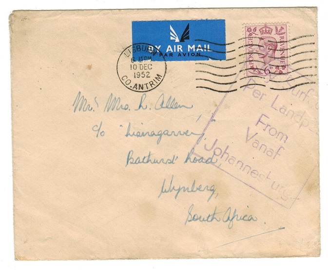 SOUTH AFRICA - 1952 BY SURFACE FROM JOHANNESBURG cacheted inward cover from UK.
