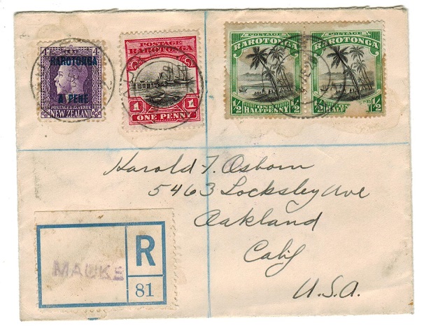 COOK ISLANDS - 1929 5 1/2d rate registered cover to USA used at MAUKE.