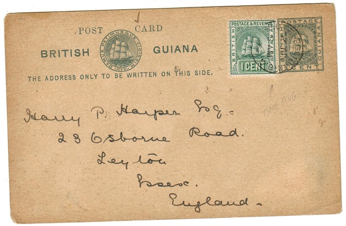 BRITISH GUIANA - 1894 1c PSC to UK uprated with 1c adhesive and used at GEORGETOWN. H&G 10.