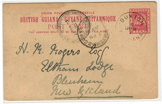 BRITISH GUIANA - 1892 2c PSC to New Zealand used at BUXTON.  H&G 8.