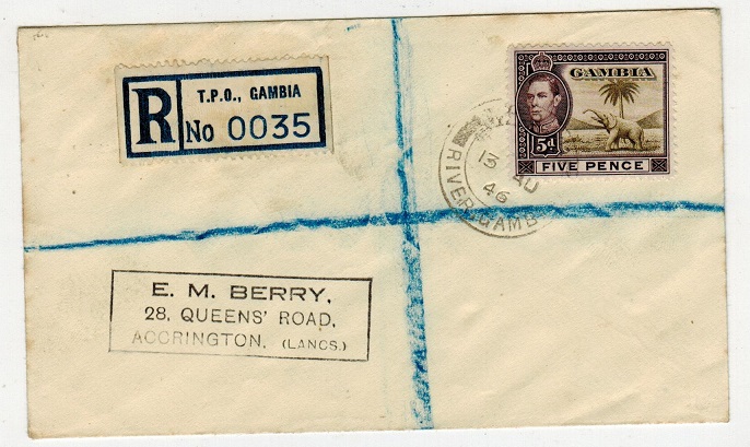 GAMBIA - 1946 5d rate registered cover to UK used at TPO RIVER GAMBIA.