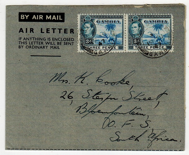 GAMBIA - 1947 6d rate use of FORMULA air letter to Bloemfontein from BATHURST.