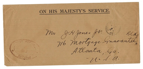 ANTIGUA - 1923 OHMS envelope to USA cancelled OFFICIAL PAID/ANTIGUA.