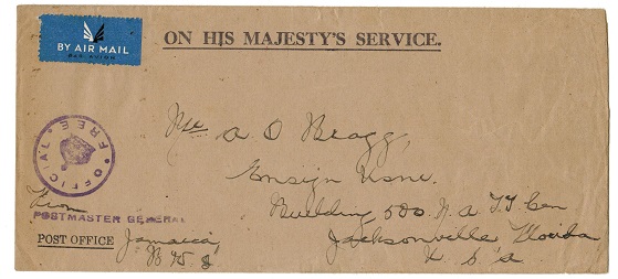 JAMAICA - 1943 OHMS cover to USA cancelled by violet OFFICIAL FREE handstamp at KINGSTON.