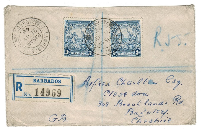 BARBADOS - 1948 registered cover to UK used at ST.LAWRENCE.