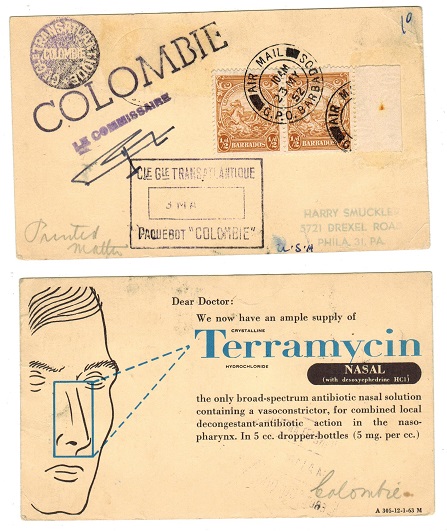 BARBADOS - 1952 use of advertisement postcard to USA via paquebot COLOMBIE.