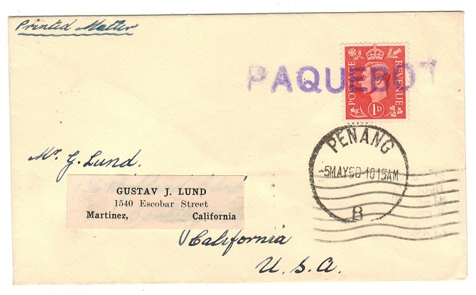 MALAYA - 1950 maritime PAQUEBOT cover to USA.