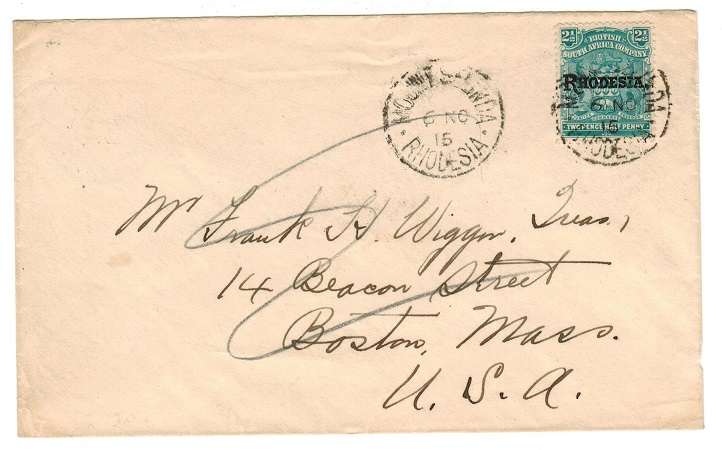 RHODESIA - 1915 2 1/2d cover to USA used at MOUNT SELINDA.