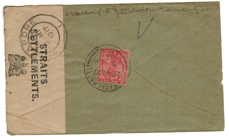 SINGAPORE - 1917 inward censored cover from India.
