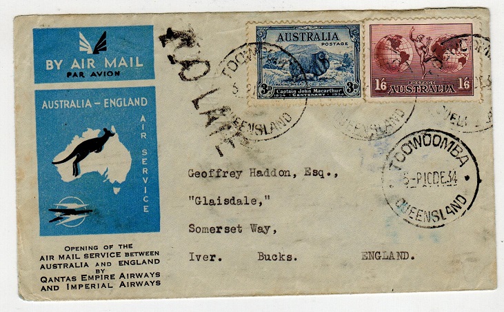 AUSTRALIA - 1934 first flight cover to UK with scarce TOO LATE h/s applied.
