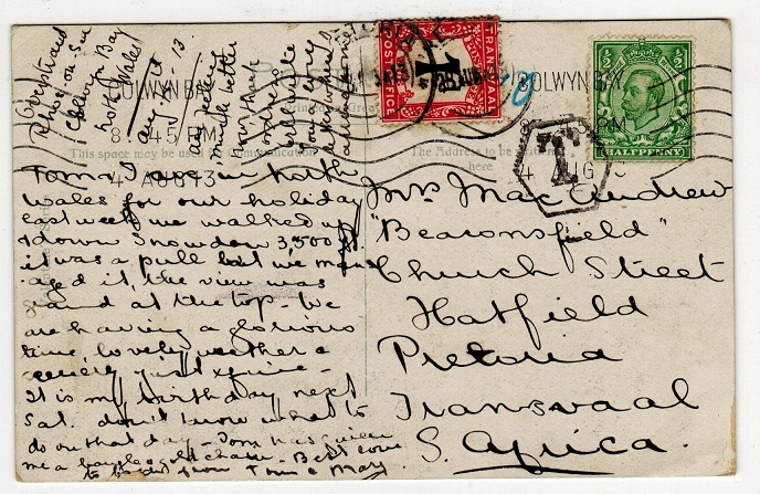TRANSVAAL - 1913 underpaid inward postcard from UK with 1d 