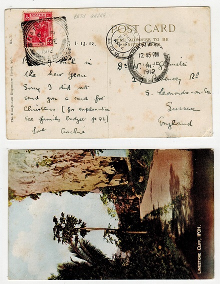 MALAYA - 1912 3c rate postcard to UK (tone spots) used at BATU/GAJAH.
