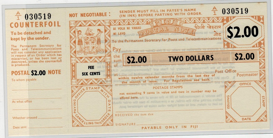 FIJI - 1970 (circa) $2+6c FIJI POSTAL NOTE unused.