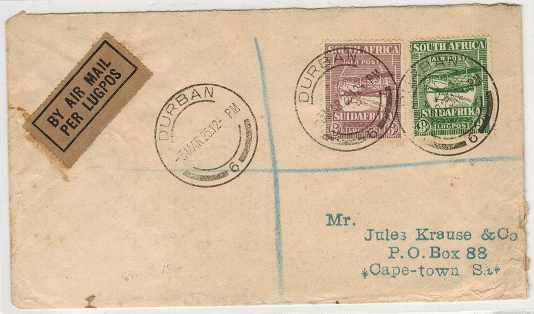 SOUTH AFRICA - 1925 registered first flight cover to Cape Town from Durban with 