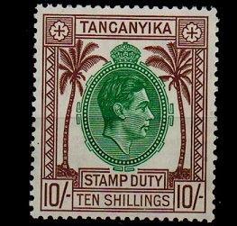 TANGANYIKA - 1938 10/- brown STAMP DUTY mint.