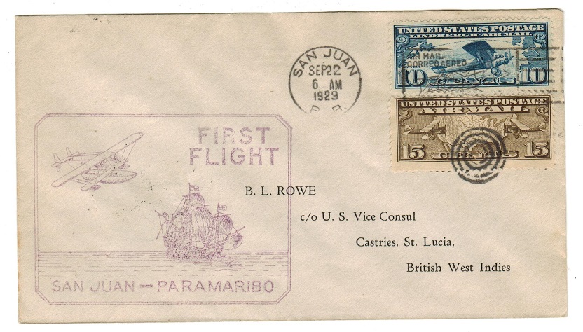 ST.LUCIA - 1929 inward first flight cover from Porto Rico to Castries.