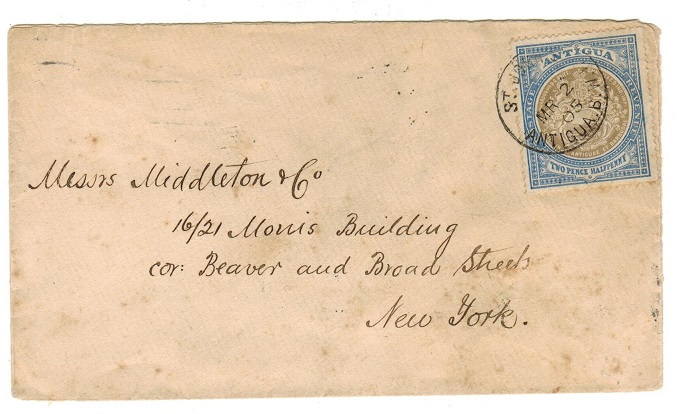 ANTIGUA - 1905 2 1/2d rate cover to USA used at ST.JOHNS.