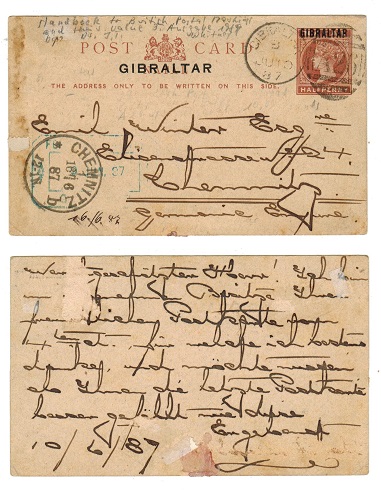 GIBRALTAR - 1886 1/2d brown PSC to Germany with 