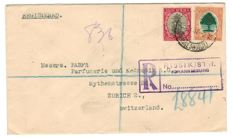 SOUTH AFRICA - 1937 registered cover to Switzerland used at RISSIK STREET.