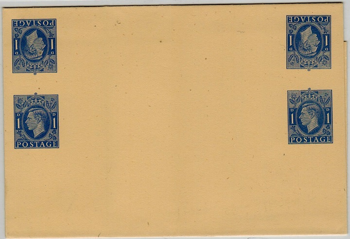 GREAT BRITAIN - 1937 (circa) 1d blue TETE BECHE stationery postcard PROOF impressions on card.
