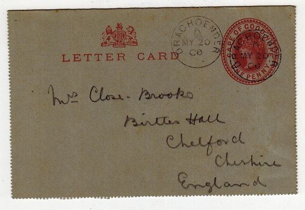 GRIQUALAND WEST - 1895 1d Cape stationery letter card to UK used at DRACHOENDER.  H&G 1.