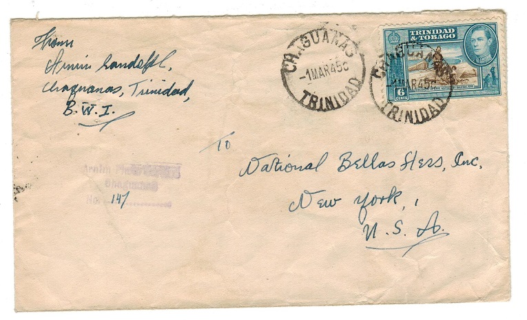 TRINIDAD AND TOBAGO - 1945 6c cover to USA used at CHAGUANAS.