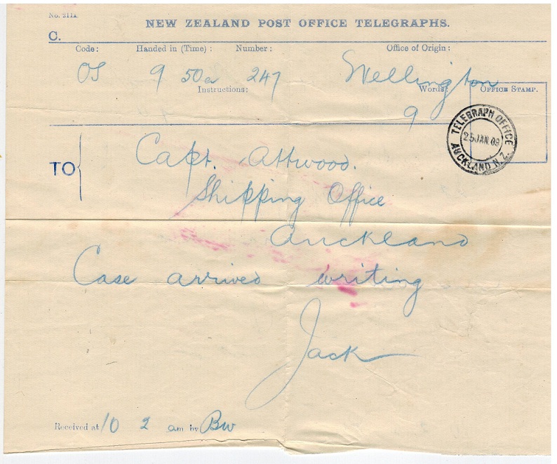 NEW ZEALAND - 1909 NZ TELEGRAPHS form from AUCKLAND.