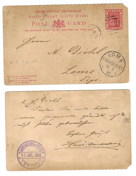 TOGO - 1898 inward 1d PSC from Gold Coast with LOME/TOGOGEBIET arrival cds.