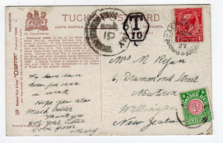 NEW ZEALAND - 1927 underpaid postcard with TO PAY/1d/DOUBLE DEFICIENCY POSTAGE h/s.