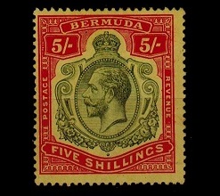 BERMUDA - 1920 5/- green and carmine red on yellow 