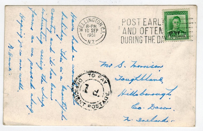 NEW ZEALAND - 1951 underpaid postcard with 1d TO PAY/DEFICIENT POSTAGE h/s.