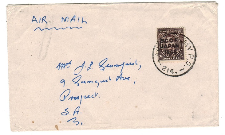 AUSTRALIA - 1948 cover to South Africa with 3d B.C.O.F. overprint used at ARMY P.O.214.