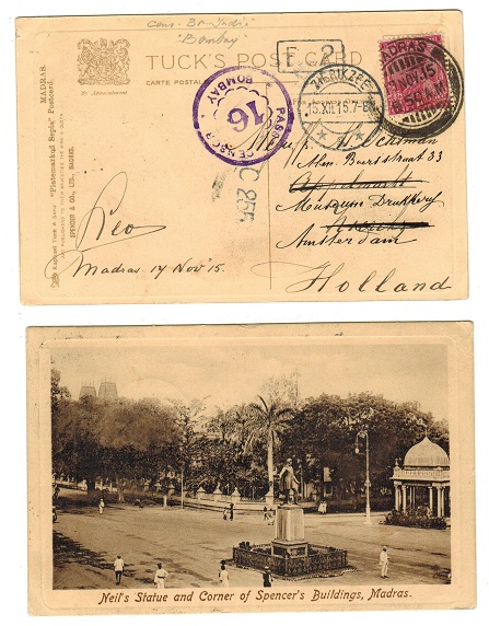INDIA - 1915 1a rate postcard use to Holland with PASSED BY CENSOR/16/BOMBAY WWI marking.