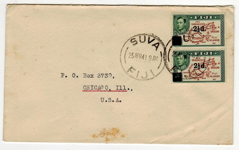 FIJI - 1941 2 1/2d on 2d surcharge pair on cover to USA used at SUVA.
