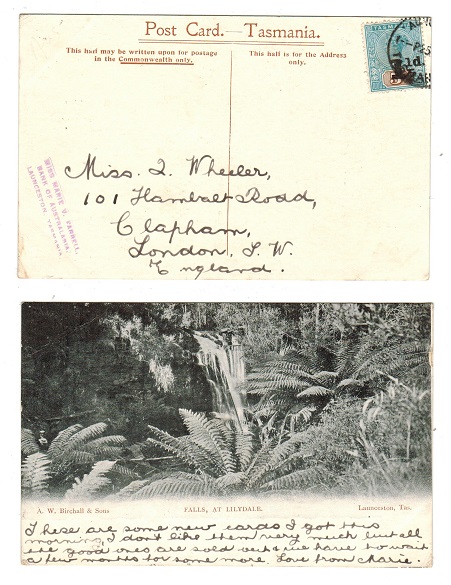TASMANIA - 1904 (circa) postcard bearing 1 1/2d on 5d surcharge used at LAUNCESTON.
