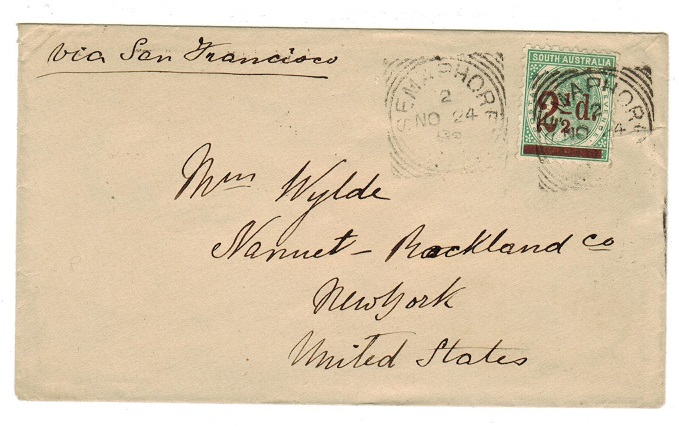 SOUTH AUSTRALIA - 1892 cover to USA with 2 1/2d on 4d surcharge used at SEMAPHORE.