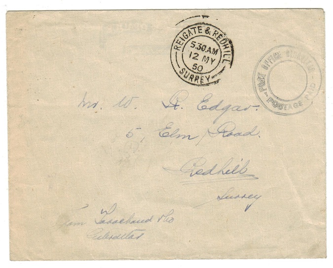 GIBRALTAR - 1950 POST OFFICE GIBRALTAR/POSTAGE PAID h/s on cover to UK.