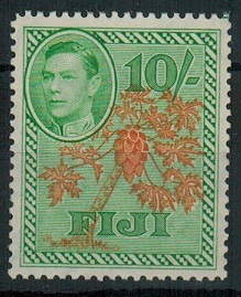 FIJI - 1950 10/- orange and emerald unmounted mint.  SG 266a.