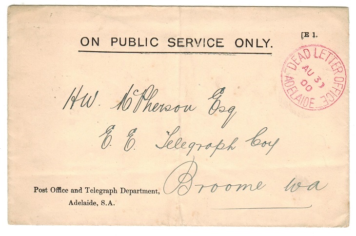 SOUTH AUSTRALIA - 1900 stampless local cover with red DEAD LETTER OFFICE/ADELAIDE cds.