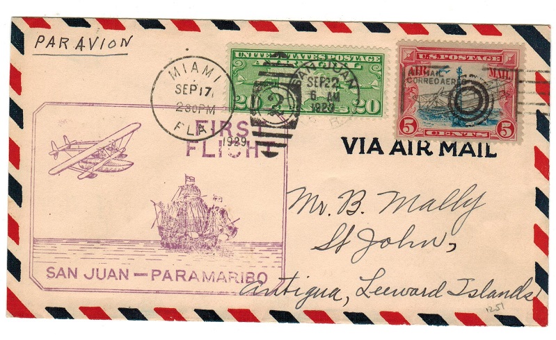 ANTIGUA - 1929 inward first flight cover from San Juan.