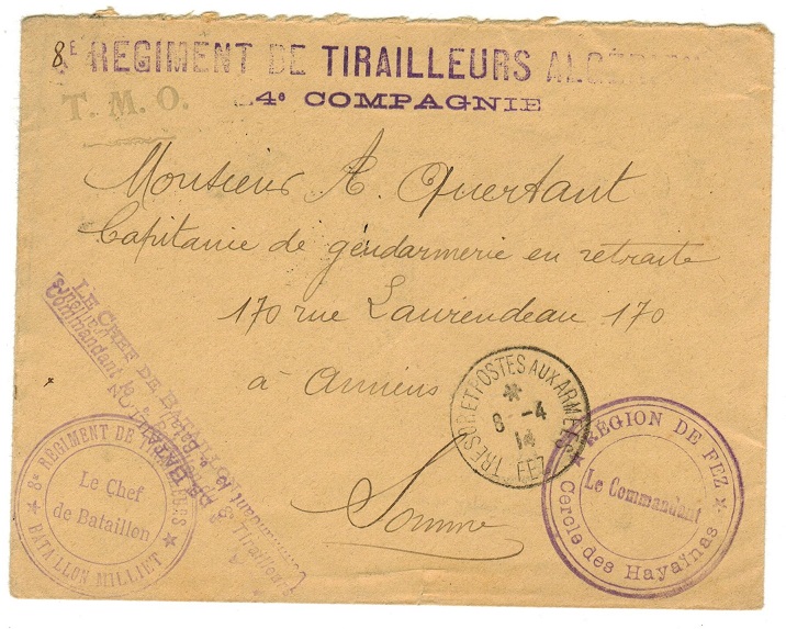 MOROCCO AGENCIES - 1914 Stampless military cover to France.
