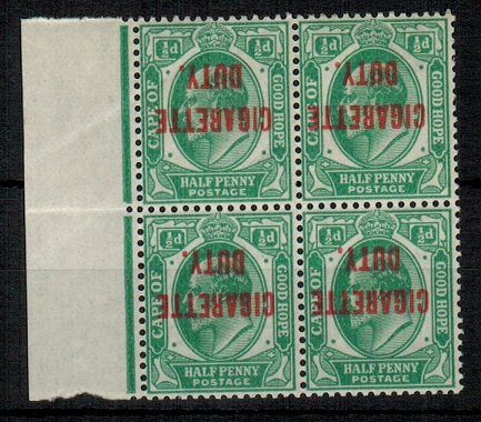 CAPE OF GOOD HOPE - 1902 1/2d green overprinted CIGARETTE DUTY (inverted) in U/M block of 4.