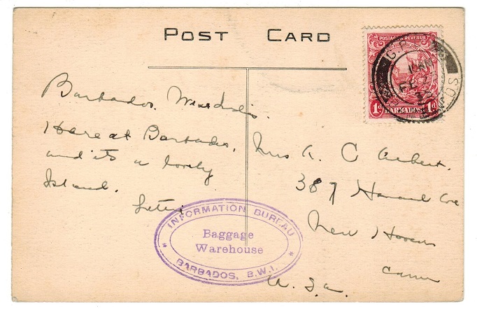 BARBADOS - 1935 postcard to USA with BAGGAGE WAREHOUSE strike.