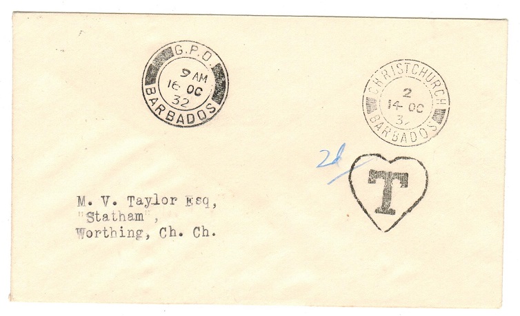 BARBADOS - 1932 unpaid local cover from CHRISTCHURCH with 
