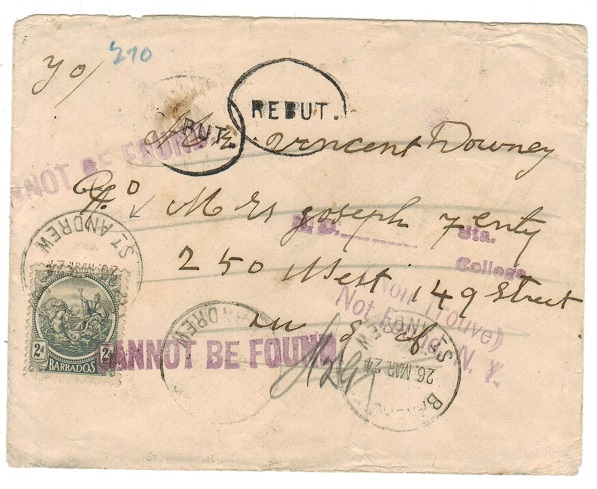 BARBADOS - 1924 returned cover with scarce REBUT instructional strike applied.