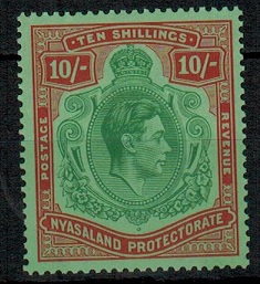 NYASALAND - 1938 10/- emerald and deep red on pale green mint.  SG 142.
